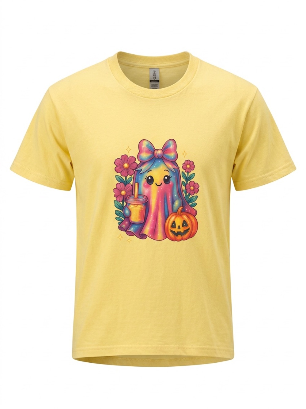 Cute Ghost & Pumpkin Halloween Yellow Unisex T-Shirt 100% Cotton Size XL NWT